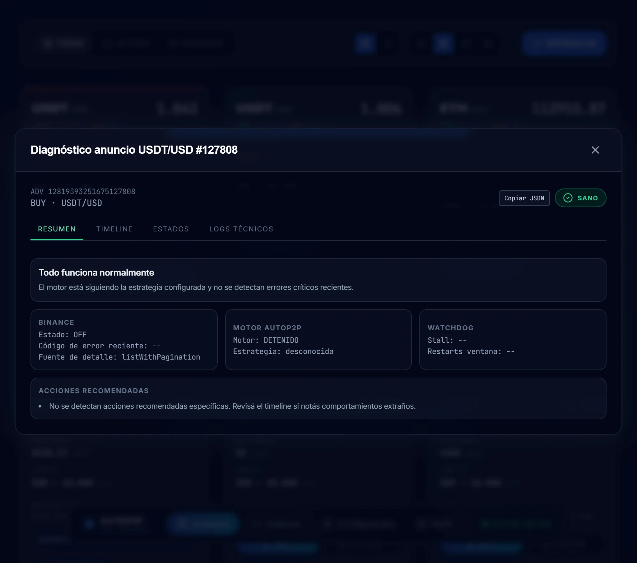 Botones de Diagnóstico y Copiar JSON